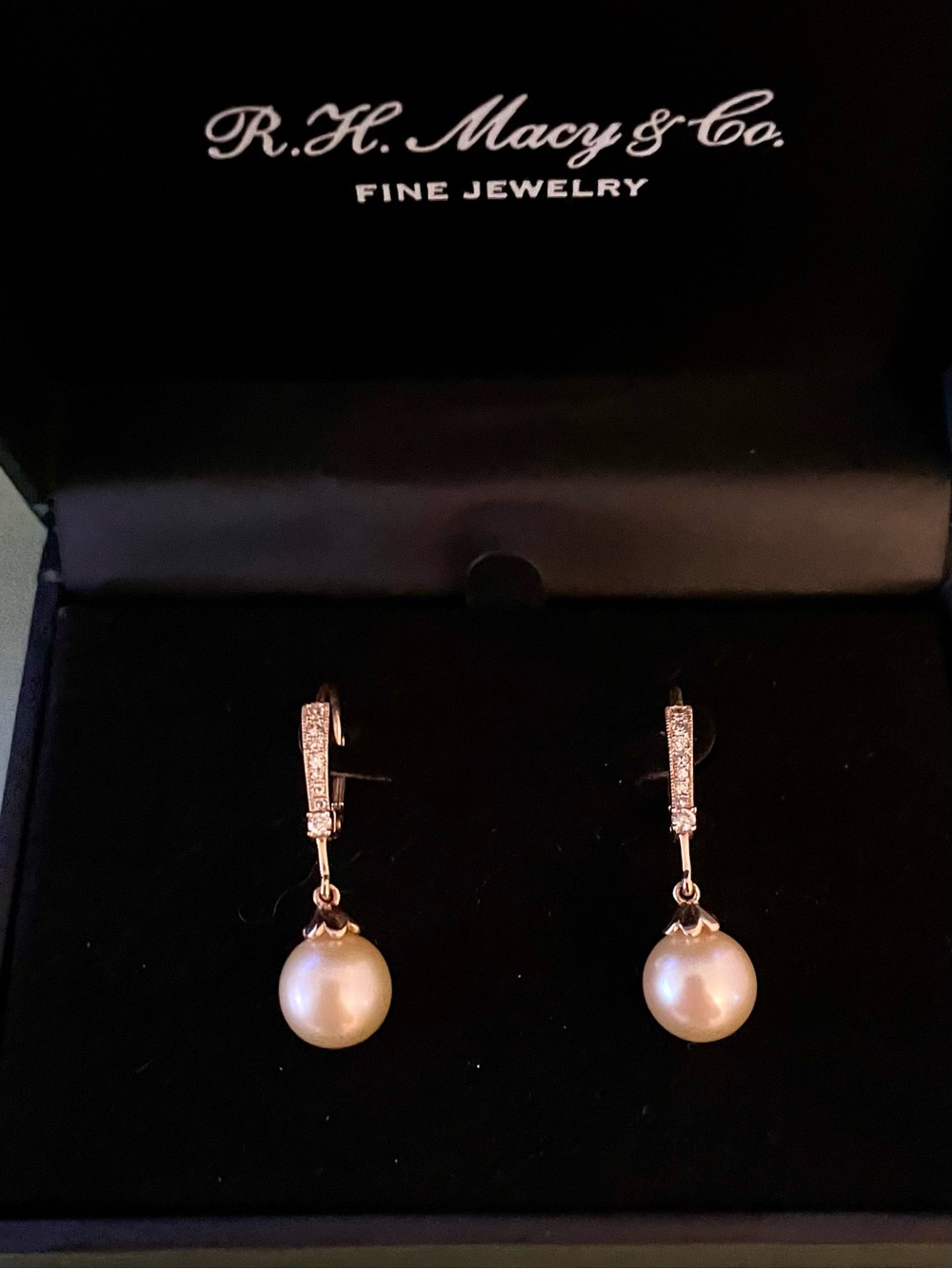 14k Rose Gold 8mm Pink Freshwater Pearl & Diamond Drop Earrings